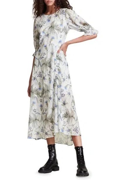 Allsaints Yana Harris Puff Sleeve Dress In Thistle Blue/white