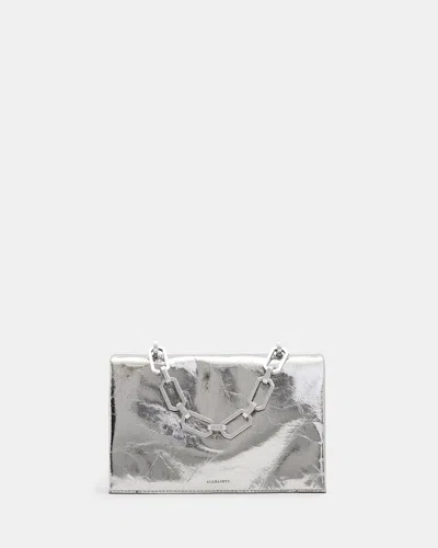 Allsaints Yua Leather Removable Chain Clutch Bag In Gunmetal Grey