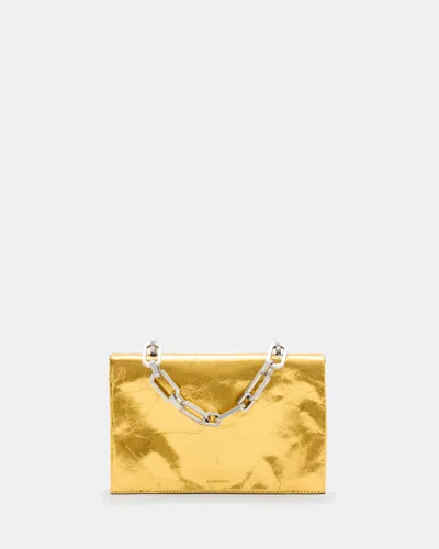 Allsaints Yua Leather Removable Chain Clutch Bag In Warm Gold