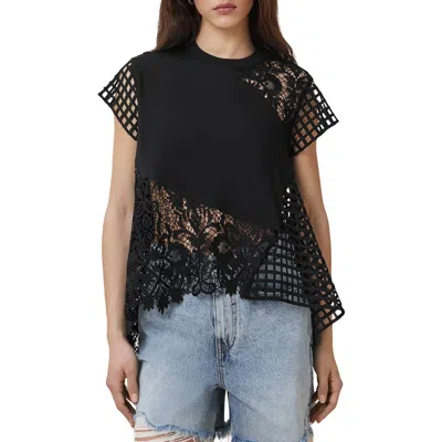 Allsaints Zala Lace Panel Asymmetric Top In Black