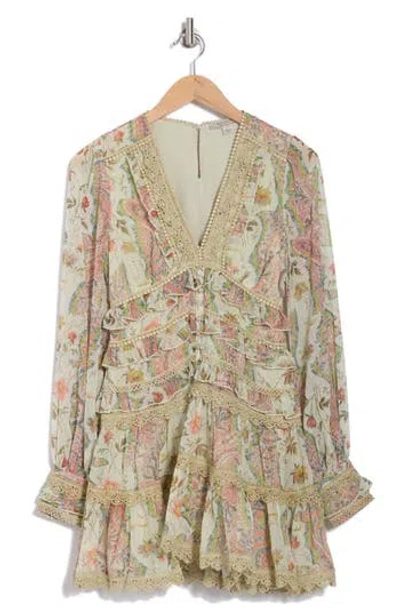 Allsaints Zaphia Floral Long Sleeve Tiered Dress In Cascade Green