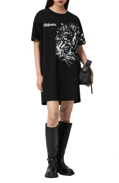 Allsaints Zaya Graphic Print Cotton T-shirt Dress In Black