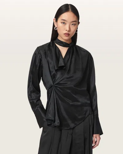 Allsaints Zellie Silk Blend Pleated Top In Black