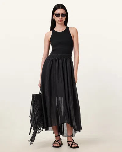 Allsaints Zenia Sleeveless Asymmetric Midi Dress In Black