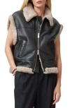 Allsaints Zep Genuine Shearling Moto Vest In Black/ecru