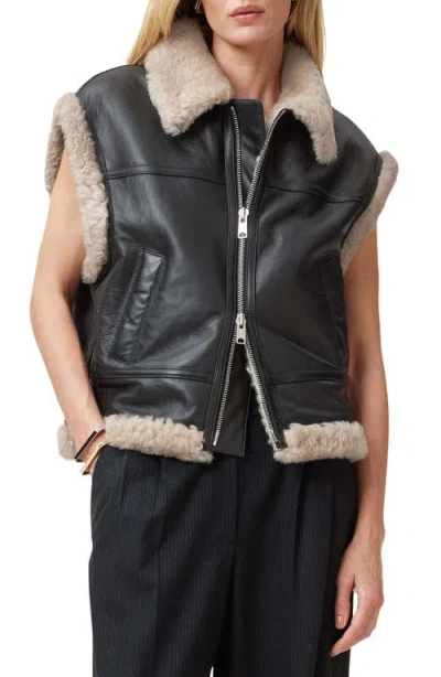 Allsaints Zep Genuine Shearling Moto Vest In Black/ecru
