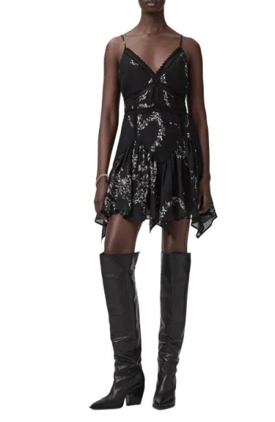 Allsaints Zia Lace Inset Handkerchief Hem Minidress In Black