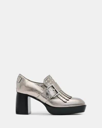 Allsaints Zia Studded Leather Heeled Loafers In Gunmetal Grey