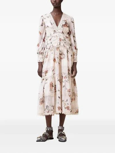 ALLSAINTS ZORA FLORAL-PRINT LACE-INSERT MIDI DRESS