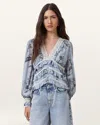Allsaints Zora Floral Ruffled Top In Origin Blue Bird
