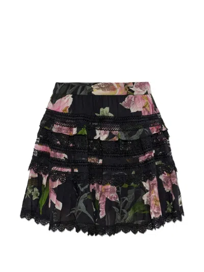 Allsaints Zora Floral-print Tiered Mini Skirt In Black