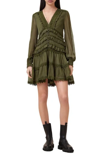 Allsaints Zora Long Sleeve Tiered Dress In Green