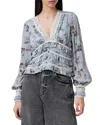 Allsaints Zora Floral Ruffled Top In Origin Blue Bird