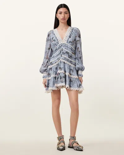 Allsaints Zora Ruffled Woven Mini Dress In Origin Blue Bird