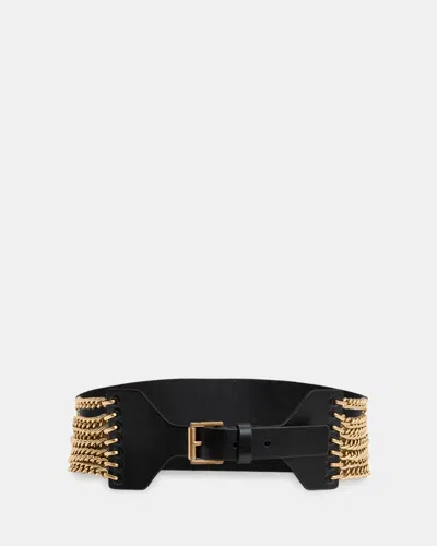 Allsaints Zora Wide Leather Chain Belt In Black/warm Brass