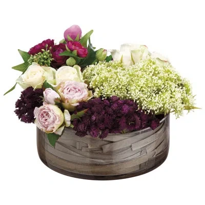 Allstate Floral Rose/sedum/queen Anne's Lace In Glass Vase In Purple