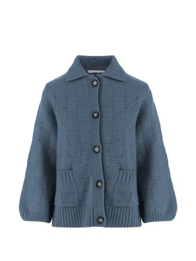 Allude Light Blue Checkered Knit Button-down Sweater
