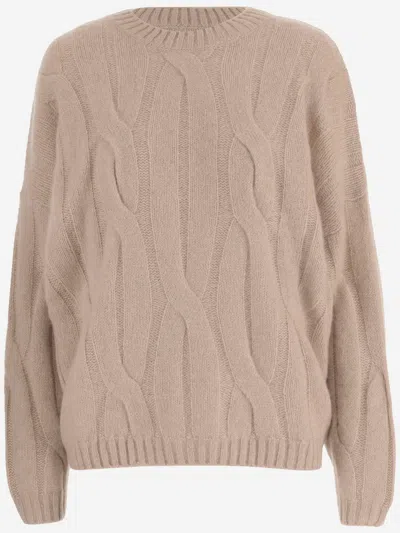 Allude Beige Cable Knit Cashmere Silk Crew Neck Sweater In Multi