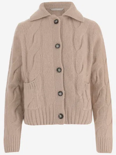 Allude Beige Classic Collar Cable Knit Cashmere Silk Cardigan In Brown