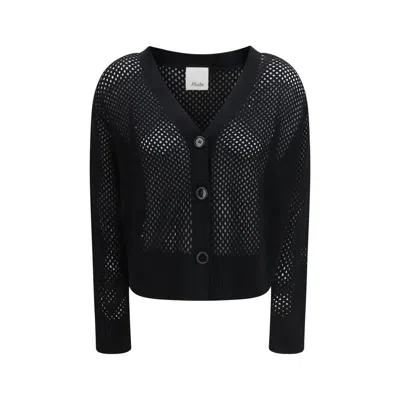 Allude Button Mesh V-neck Cardigan In Black