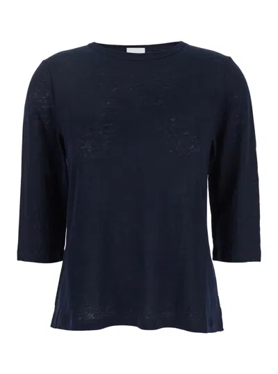 ALLUDE BLUE T-SHIRT WITH BOAT NECKLINE AND LONG SLEEVES IN LINEN WOMAN