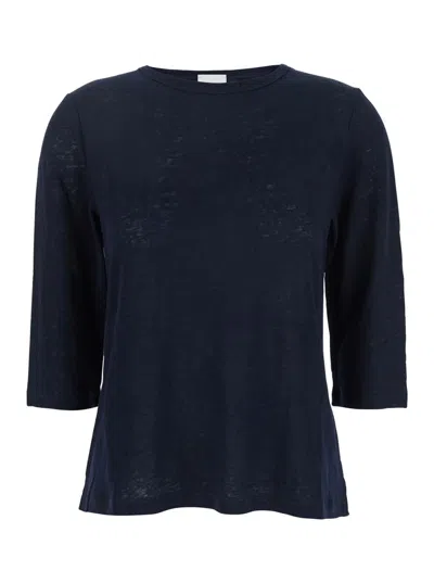 ALLUDE BLUE T-SHIRT WITH BOAT NECKLINE AND LONG SLEEVES IN LINEN WOMAN