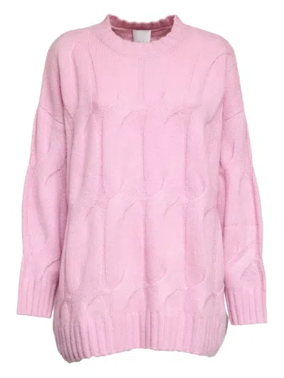 Allude Cable-knit Round-neck Sweater In Pink