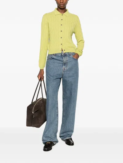 Allude Cable-knit Polo Cardigan In Green