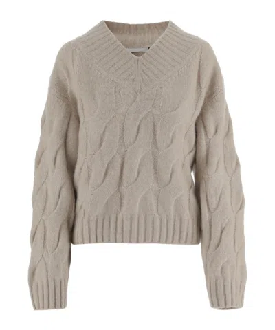 Allude Beige Cable Knit V-neck Cashmere-silk Sweater In Animal Print
