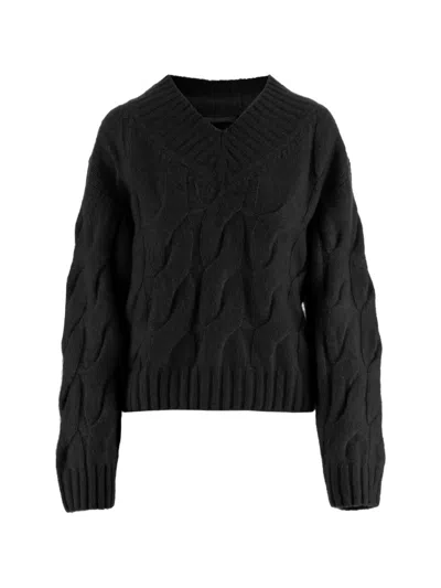 Allude Black Cable Knit V-neck Cashmere-silk Sweater