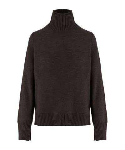 Allude Dark Brown Ribbed Turtleneck Cashmere Sweater In Black