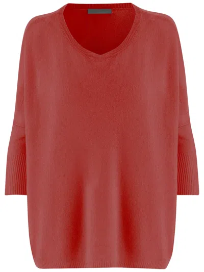 Allude Coral Red Cashmere Sweater With V-neck