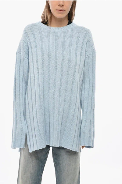 Allude Crew Neck Ribbed Cashmere Blend Sweater In Blue