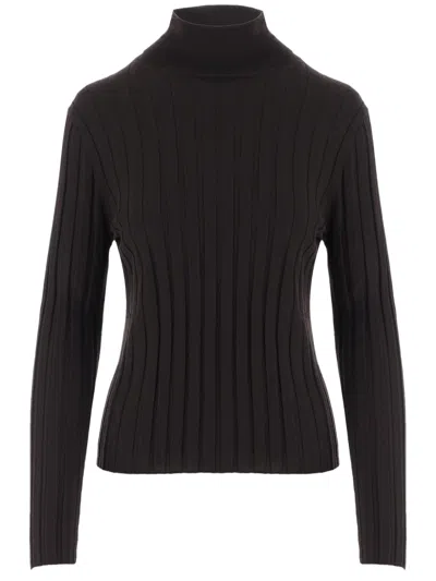 Allude Dark Brown High Neck Ribbed Knit Wool Sweater In Black