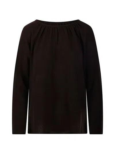 Allude Gathered-neckline Fine-knit Top In Braun