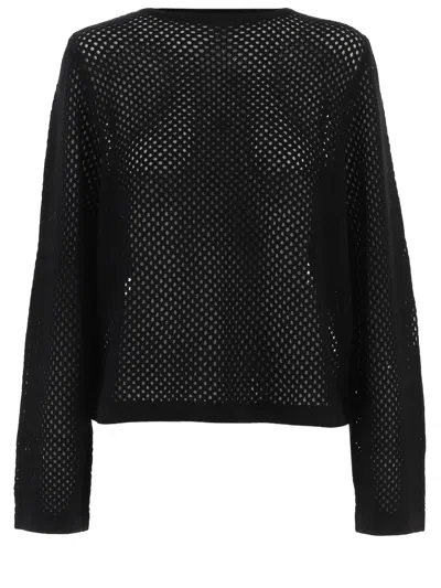 Allude Geometric Openwork Knit Sweater With Curved Hem In Black