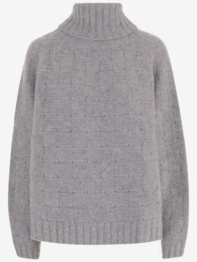Allude Grey Geometric Pattern Cashmere Silk Turtleneck Sweater