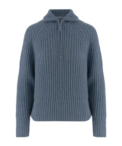 Allude Light Blue Zip Turtleneck Cashmere-silk Sweater In Gray