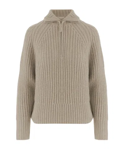 Allude Beige Zip Turtleneck Cashmere-silk Sweater In Gray