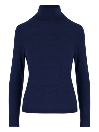 Allude High Neck Merino Wool Sweater With Contrasting Edges In Blue