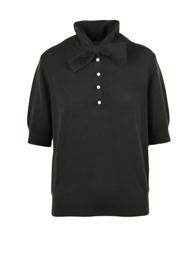 Allude Knit Polo Shirt With Bow Detail And Pearl Button Accents In Black