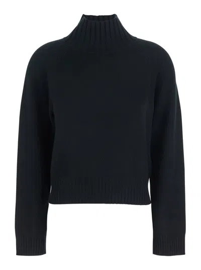 ALLUDE BLACK HIGH NECK JUMPER WITH RIBBED DESIGN IN CASHMERE WOMAN