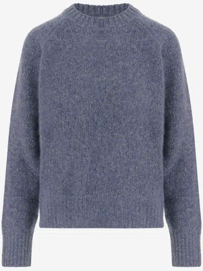 Allude Navy Crew Neck Knit Pattern Cashmere Sweater In Blue