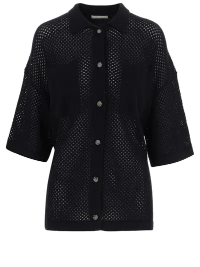 Allude Navy Geometric Openwork Wool-blend Cardigan In Black