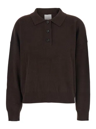 Allude Point-collar Buttoned Polo Top In Brown