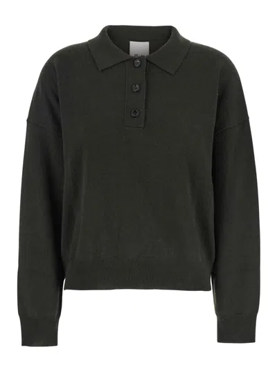 ALLUDE GREEN POLO SHIRT WITH CLASSIC COLLAR AND RIBBED TRIMS IN WOOL WOMAN