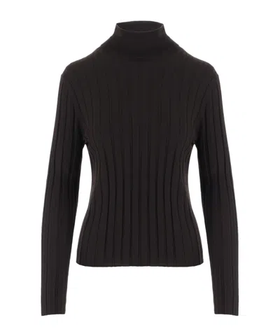Allude Black Ribbed Fitted High Neck Sweater In Blue