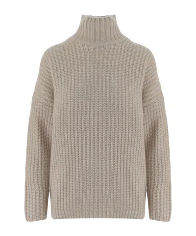 Allude Beige Patterned Knit Turtleneck Cashmere-silk Sweater In Gold