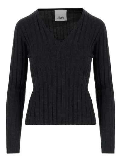 ALLUDE RIBBED V-NECK SWEATER