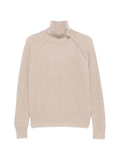Allude Ribbed Zip-neck Sweater In Neutral